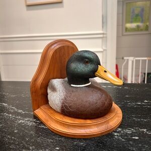 Vintage Resin-Like Duck Head with Wood Base Bookend